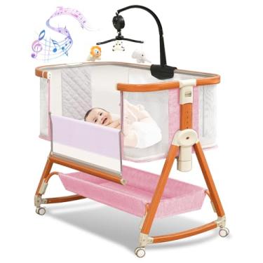 Imagem de BLBBLBGDD Berço 3 Em 1, Para Bebê Que Dorme Ao Lado Da Cama Com Brinquedo Musical, De Cabeceira Altura Ajustável Rodas E Cesto Armazenamento, Malha 4 Lados Recém-Nascidos 0 A 6 Meses (Rosa)