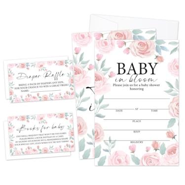 Imagem de Pink Flowers Convites para chá de bebê, convites de preenchimento de vegetação para anúncio de bebê revelação de gênero, lembrancinha de festa (25 convites com envelopes, 25 bilhetes de sorteio Dipaer