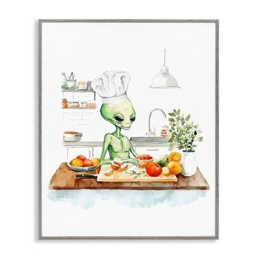 Imagem de Stupell Industries Chef Alien in Kitchen arte giclée emoldurada cinza, design de Lil' Rue, 40,6 x 50,8 cm