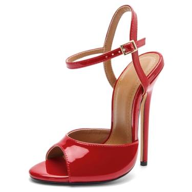 Imagem de HAOZHAOTOU Sandálias unissex masculinas femininas com tiras de salto alto de couro envernizado stiletto sapatos de festa, Vermelho, 9 Women/7 Men