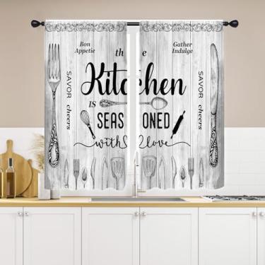 Imagem de EGLGCC Cortinas de cozinha rústicas 60 cm L x 113 cm C, preto, branco, cinza, pequeno, vintage, casa de fazenda, madeira, bolso para varão, cortinas curtas, camadas para cortinas de janela de café