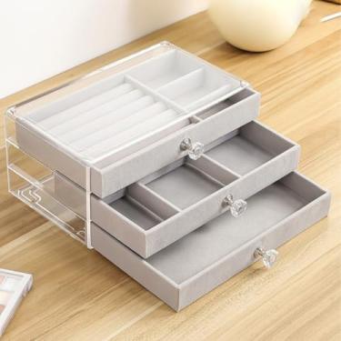 Imagem de Porta Joia Acrílico Luxo Com 3 Camadas Brinco Anel Compartimento caixa de armazenamento de jóias (CINZA(Três camadas))