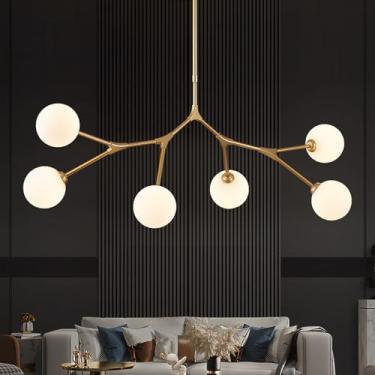 Imagem de Sparklelf Lustre Sputnik Moderno De 6 Luzes Para Sala De Jantar L45" Luminária Pendente Dourada Com Cúpula De Vidro Leitoso Lustre Grande De Meados Do Século Para Ilha De Cozinha, Quarto E Sala De E