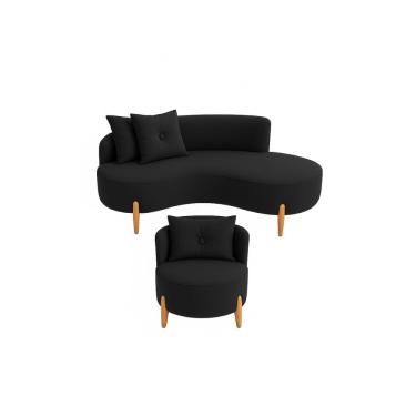 Imagem de Conjunto 01 Poltrona + Sofá Curvo Orgânico Veludo Preto - Montanaris Decor