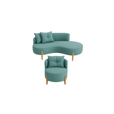 Imagem de Conjunto 01 Poltrona + Sofá Curvo Orgânico Veludo Azul Turquesa  - Montanaris Decor