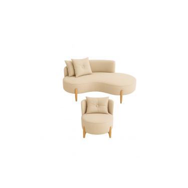 Imagem de Conjunto 01 Poltrona + Sofá Curvo Orgânico Veludo Bege - Montanaris Decor