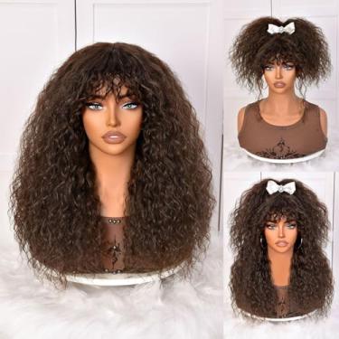 Imagem de SOFUN Peruca Cacheada Marrom Escuro Com Franja Para Mulheres Negras, Cabelo Humano Longo, Sem Cola, Uso Diário, Aparência Realista, Couro Cabeludo Natural