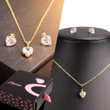 Imagem de Kit Colar feminino Coracao dourada + brinco Coracao  zicronia + caixa 