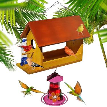 Imagem de Comedouro Tratador + Bebedouro Pássaros Livres Madeira Eco. (2 Cores Mogno Marfim)
