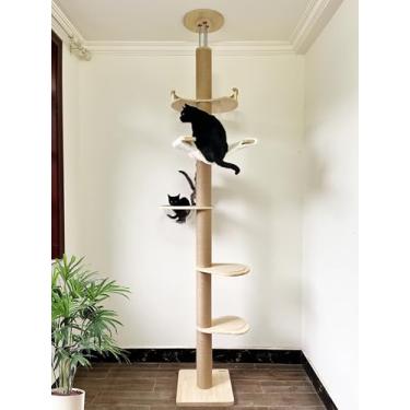 Imagem de Torre moderna de árvores para gatos do chão ao teto com haste de sisal para arranhar, árvore de escalada de 5 camadas para gatos em ambientes internos, adultos grandes, altura 208 a 297 cm, árvore de