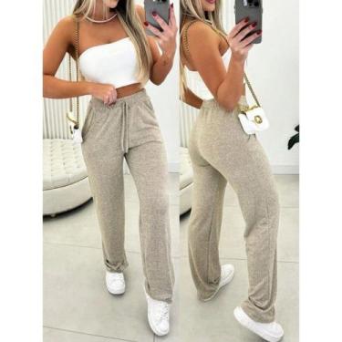 Imagem de Calça pantalona de lazinho feminina cintura alta com bolso pra inverno