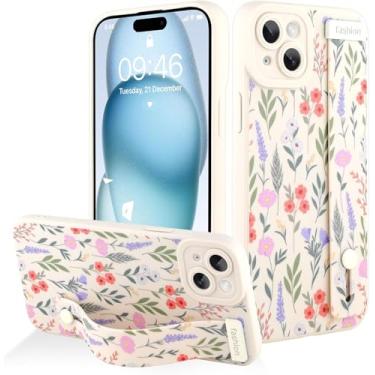 Imagem de AIGOMARA Capa para iPhone 13 com alça para mulheres e meninas, linda estampa de flores florais, capa protetora de silicone com suporte de faixa macia, branca