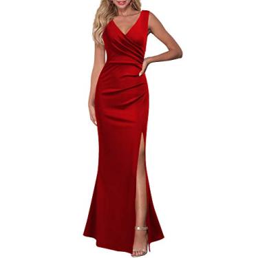 Imagem de WOOSEA Vestido longo feminino sem mangas com decote em V dividido para noite, Vermelho, M