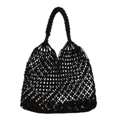 Imagem de SHAREOIU Bolsa feminina de tecido de algodão com alça superior, bolsa de praia de malha de corda feita à mão, Preto