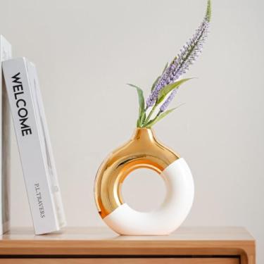 Imagem de Eastern Rock Vaso rosquinha branco e dourado, vaso de cerâmica moderno para grama dos pampas, peça central perfeita para casamentos, sala de estar e decoração de escritório (ouro branco, P)