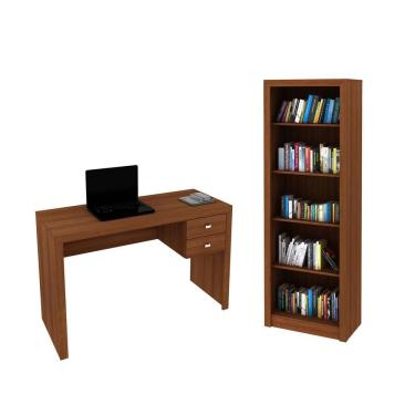 Imagem de Escritório com Mesa para Computador 2 Gavetas Com Armário Prateleiras Portas Amendoa - FdECOR