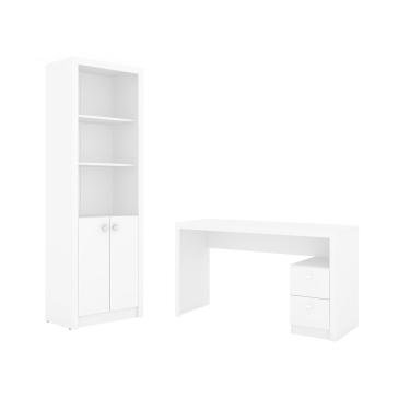 Imagem de Escritório com Mesa para Computador 2 Gavetas Com Armário Pareteleira 2 Portas Branco - FdECOR