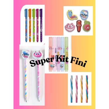 Imagem de Kit Fini caneta gel marca texto com cheirinho borracha com cheirinho torcida material escolar fofo
