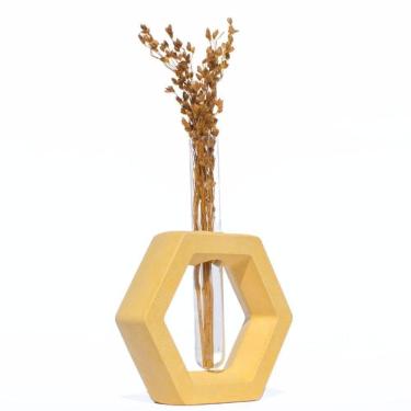 Imagem de Vaso Decorativo Solitário Hexa 16,5cm Artesanal Em Cimento Amarelo