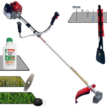 Imagem de Roçadeira Multifunções Kawashima BCJ431-L 43cc 1,7HP de Potência Aparador de Grama Com Cabeçote de Nylon + Lâmina 2 Pontas + ÓLEO STIHL 2 Tempos