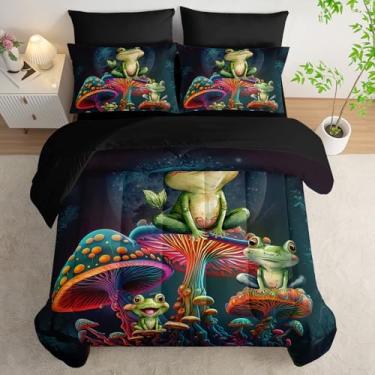 Imagem de AILONEN Jogo de edredom solteiro com desenho de sapo mágico, cogumelo mágico, 7 peças, edredom preto de microfibra macia, lençol com elástico, lençol de cima, 2 fronhas, 2 fronhas