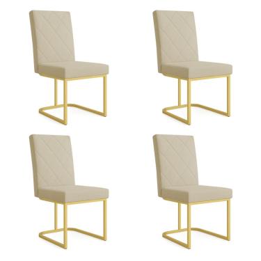 Imagem de Kit 04 Cadeiras de Jantar Estofada Siena Linho Dourado Base de Ferro Dourada - Pallazio