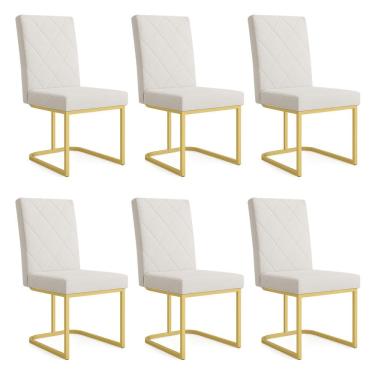 Imagem de Kit 06 Cadeiras de Jantar Estofada Siena Linho Bege Base de Ferro Dourada - Pallazio
