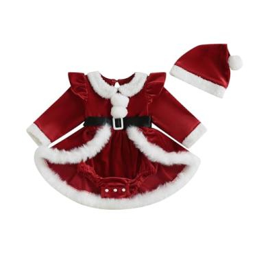 Imagem de Lucikamy Roupa de Natal para bebês recém-nascidas, manga comprida, veludo vermelho/xadrez, vestido de Natal fofo para outono e inverno (vermelho, 3 a 6 meses)