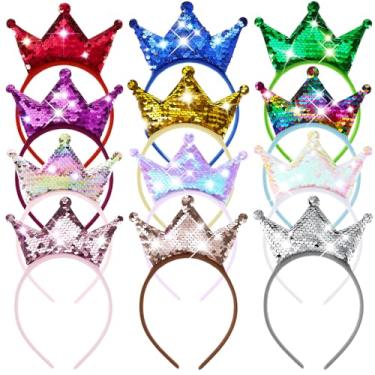 Imagem de Juexica Pacote com 12 faixas de cabeça de princesa para meninas, tiaras de dupla face com glitter, coroa, lembrancinhas de festa, acessórios de cabelo coloridos para crianças, festas de aniversário