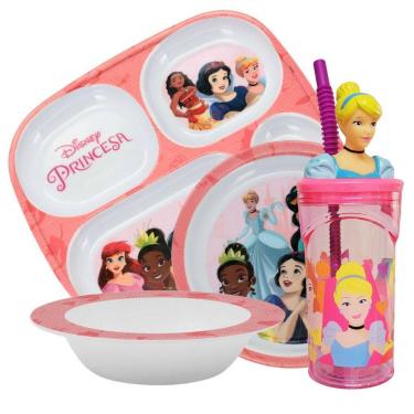 Imagem de Jogo Refeição Infantil Princesas Disney 4 Peças Bandeja Divisória, Prato Fundo, Tigela e Copo Melamina - Tuut
