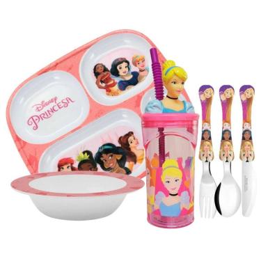 Imagem de Kit Refeição Infantil Princesas Disney 6 Peças Prato Divisória, Tigela, Copo e Talheres - Tuut