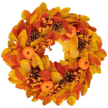 Imagem de Guirlanda de outono de 56 cm para porta da frente, guirlanda de folhas de outono com baga pinha, abóbora, colheita, ganchos e luvas para varanda ao ar livre, casa, cozinha, cornija, quarto, decoração