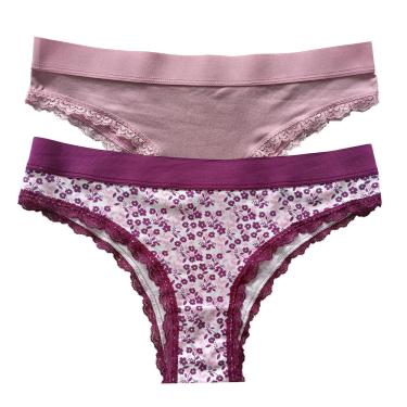 Imagem de Conjunto com 2 Calcinhas Basic+ Renda 6386 – Estampa Flores Bordô e Lisa Rosa Antigo – M