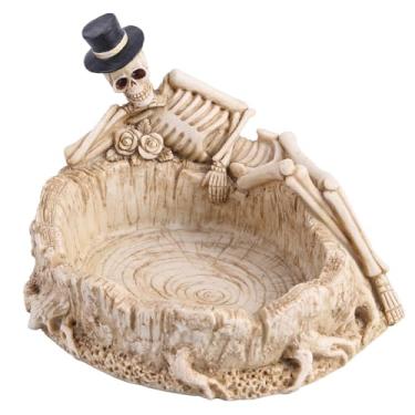 Imagem de Cinzeiro de Halloween Cinzeiro de Halloween Esqueleto deitado gótico com chapéu de resina 15 x 12 x 9,4 cm Bandeja de cinzeiro multiuso para decorações, porta-chaves