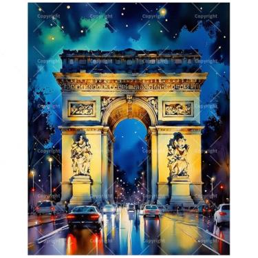Imagem de Kit de pintura por números Paris Landmark para adultos – DIY Arco do Triunfo Night Drive pintura em tela 40,6 x 50,8 cm, conjunto de tinta acrílica, adequado para iniciantes, arte para decoração de