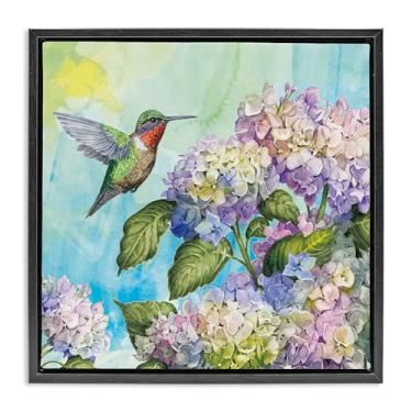 Imagem de Stupell Industries Design de arte de parede em tela flutuante com moldura preta beija-flor e hortênsias por Tim Coffey, 25 x 25
