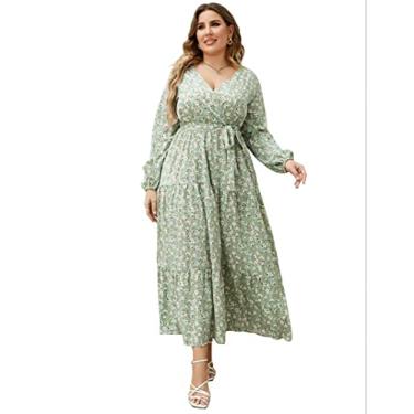 Imagem de KOJOOIN Vestido maxi feminino plus size com decote em V, cintura alta, babados, manga comprida, verde, amarelo, branco, flor, Manga comprida, verde, amarelo, branco, flor, XGG