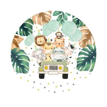 Imagem de Painel De Tecido Redondo Animais Safári Aquarela Jeep Folhas Fundo Póa