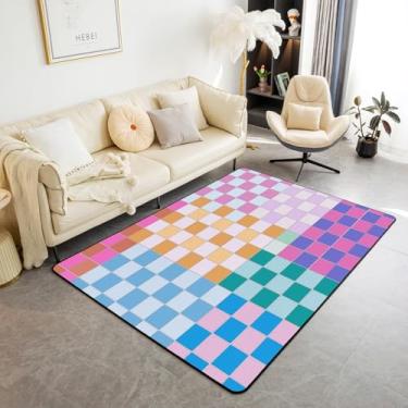 Imagem de Erosebridal Tapete quadriculado colorido 1,78 m x 1,9 m arco-íris quadriculado quadriculado tapete de área azul rosa roxo ombré xadrez para crianças, meninos, meninas, tapetes geométricos e estéticos