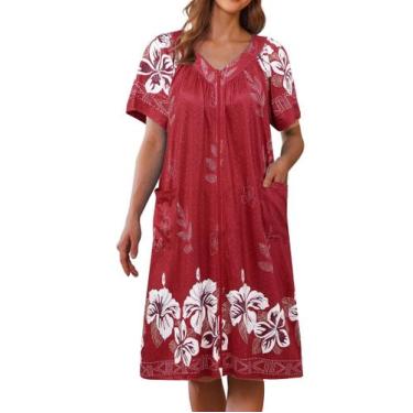 Imagem de Roupão de banho Ekouaer feminino plissado com decote em V, zíper, verm