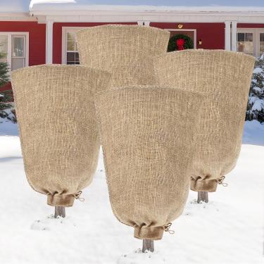 Imagem de Riare 4 pacotes de 61 x 101 cm de estopa de inverno com cordão - saco de serapilheira grande reutilizável protetor de geada para plantas, pano de geada, cobertor frio para plantas ao ar livre e