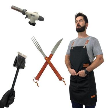 Imagem de Kit Churrasco Faca Garfo Avental Maçarico e Escova p limpeza - Pen Tec