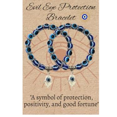 Imagem de MANUSHYA LIFE Pulseira elástica de proteção contra olho turco, 2 peças de amuleto da sorte elástico Hamsa (mão de Fátima); pulseiras de contas de olho azul, pulseira unissex da sorte