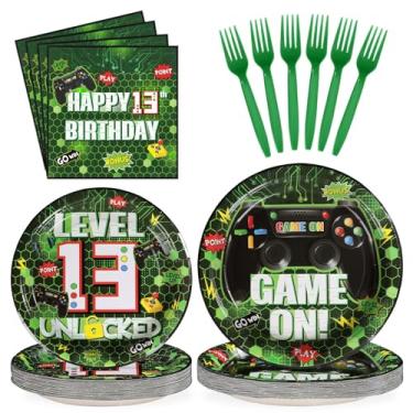 Imagem de Grencian 96 peças de artigos de festa de jogos verdes para vídeo, pratos e guardanapos de papel de aniversário de 13 anos, conjuntos de utensílios de mesa, decorações temáticas de jogo para crianças
