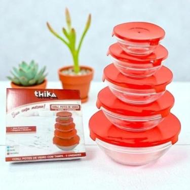 Imagem de 5 Potes de Vidro Temperado com Tampas Plásticas Resistentes – Kit 5 Unidades para Freezer, Micro-ondas e Lava-louças.