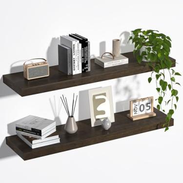 Imagem de Fun Memories Prateleiras flutuantes Farmhouse - Prateleira de parede de madeira rústica de 20 cm de profundidade - Prateleira de armazenamento de madeira de pinho sólida premium para cozinha, sala de