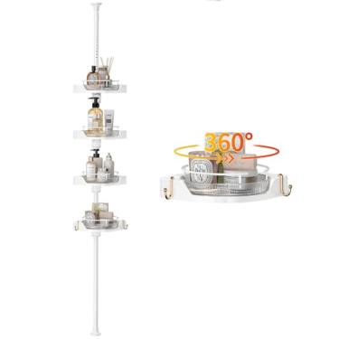 Imagem de akinbas Poste de tensão de canto de chuveiro com 4 organizadores Susan L-Lazy 360 rotativos 35-128 polegadas sem perfuração, prateleiras ajustáveis para chuveiro essenciais de banho (branco)