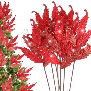 Imagem de HyDren 10 peças de folhas de glitter de Natal grandes ornamentos para palitos de árvore de Natal, sprays, galhos, ramos, florais para árvore de Natal, guirlanda, vaso DIY (vermelho)