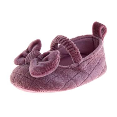Imagem de Josmo Sandália infantil de veludo com sola macia para bebês primeiro andador com laço para recém-nascidos tamanho 2-4, Roxa, 16