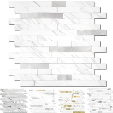 Imagem de Yipscazo 1 folha de revestimento de azulejo de metal de pedra, cole em azulejos para cozinha, banheiro, lavanderia, acampamento, lareira (30 x 30 cm, pedra branca com metal)